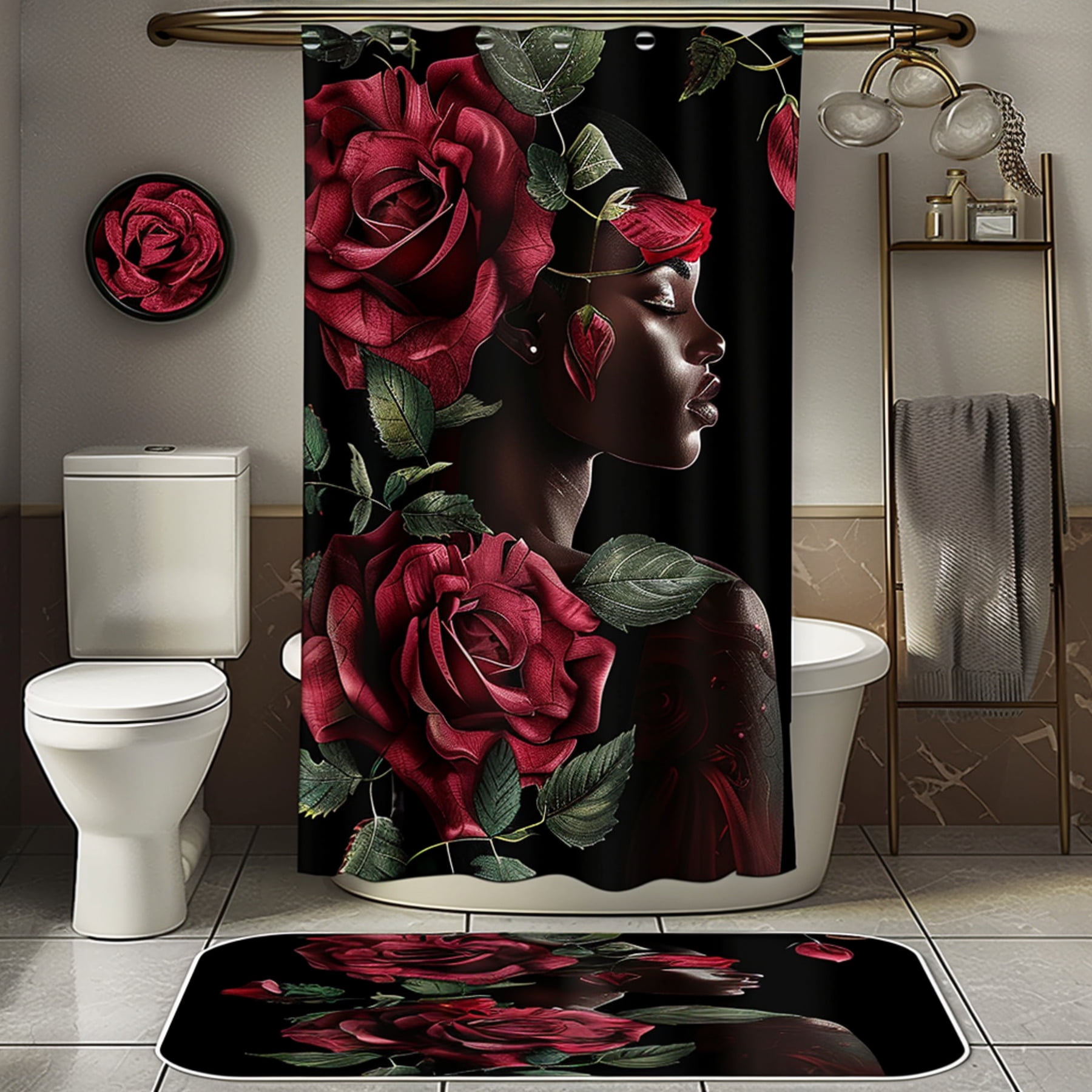 Red Rose Themed Bathroom Decor Set with Black Woman Portrait Modern
