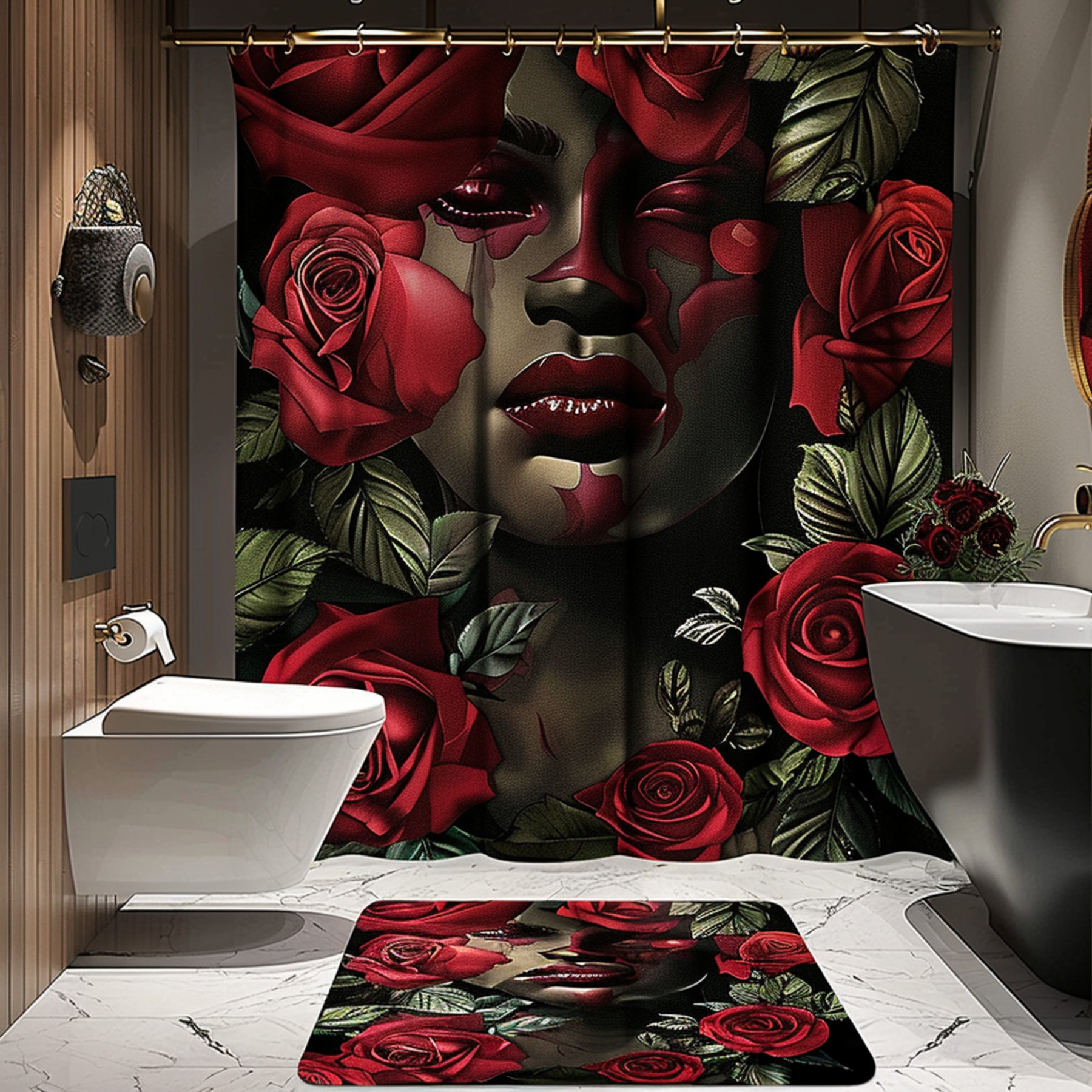 Red Rose Themed Bathroom Decor Set with Black Woman Portrait Romantic