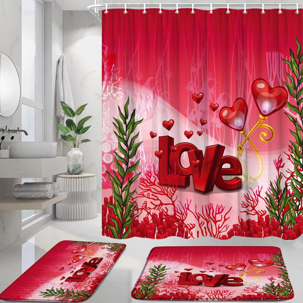 Red Rose Themed Bathroom Shower Curtain Rug Set Including Practical