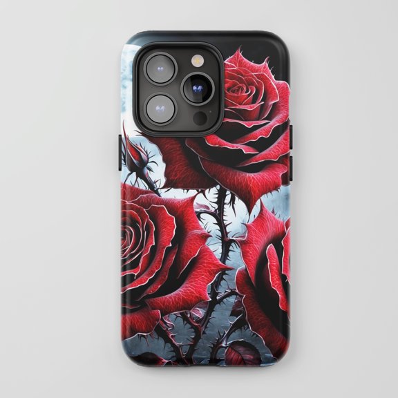 Red Rose Thorny Vines For All iPhone Series Tough Phone Case Gothic Art Black Red