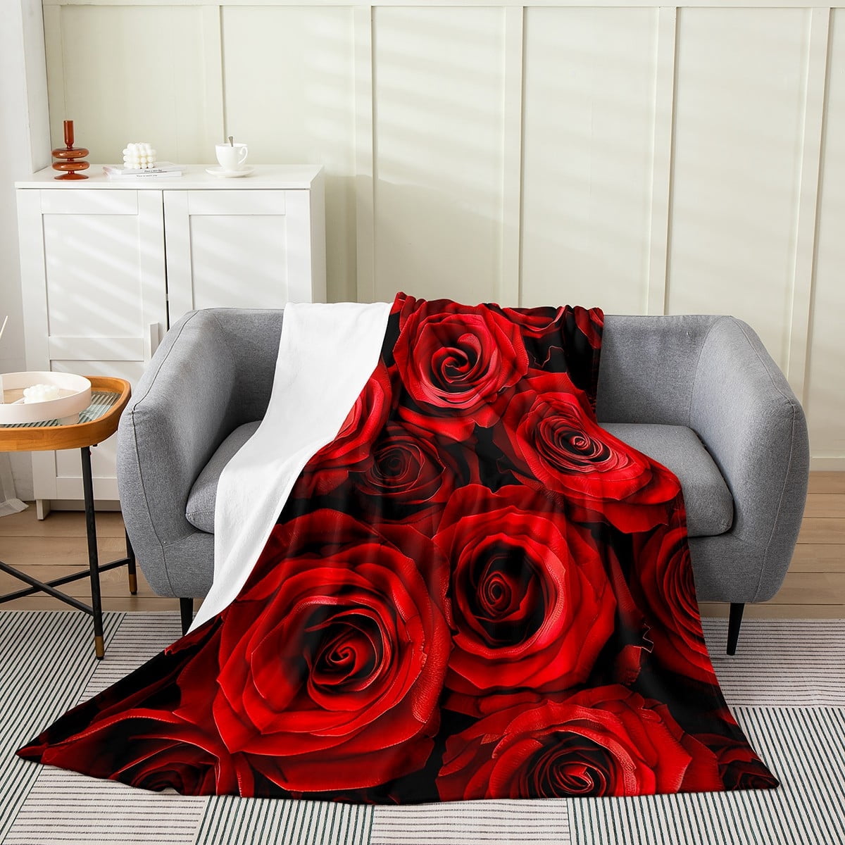 Red Rose Throw Blanket Throw Size, Ombre Red Black Floral Flannel ...