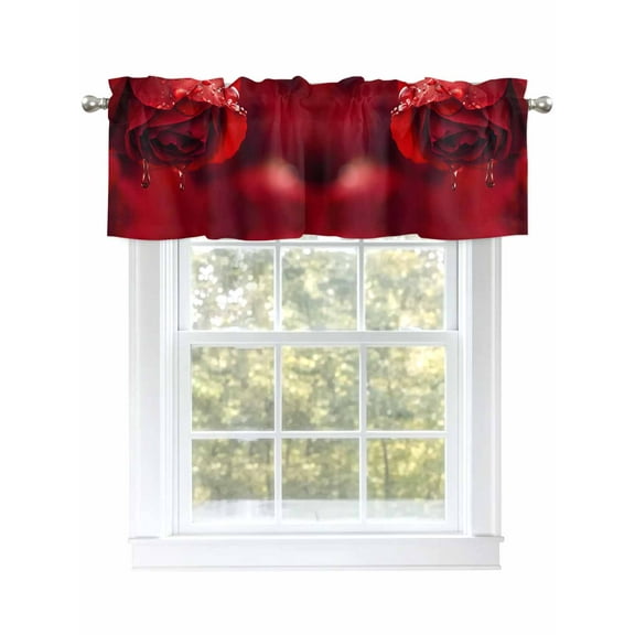 Red Rose Valances for Windows, Rod Pocket Kitchen Valance Curtains - Soft & Washable Small Window Treatment for Living Room, Bathroom, Nature Water Drops 54x18inch, 1 Panel