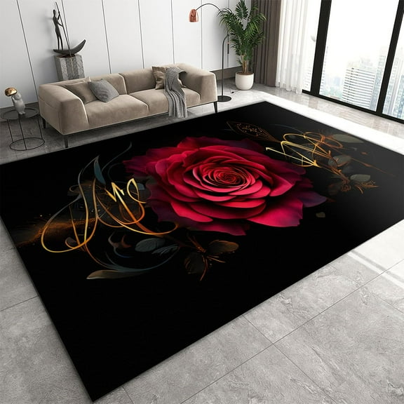 Red Rose Valentine's Day Area Rug 3' x 5', Romantic Rose Black Background Rug, Home Non-Slip Washable Aesthetic Decor Carpet