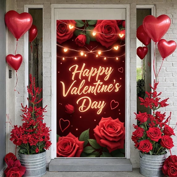 Red Rose Valentine's Day Banner Gold Glitter Love Display String Lights Heart Shape Romantic Backdrop for Valentine's Day Party Romantic Date Anniversary Celebration