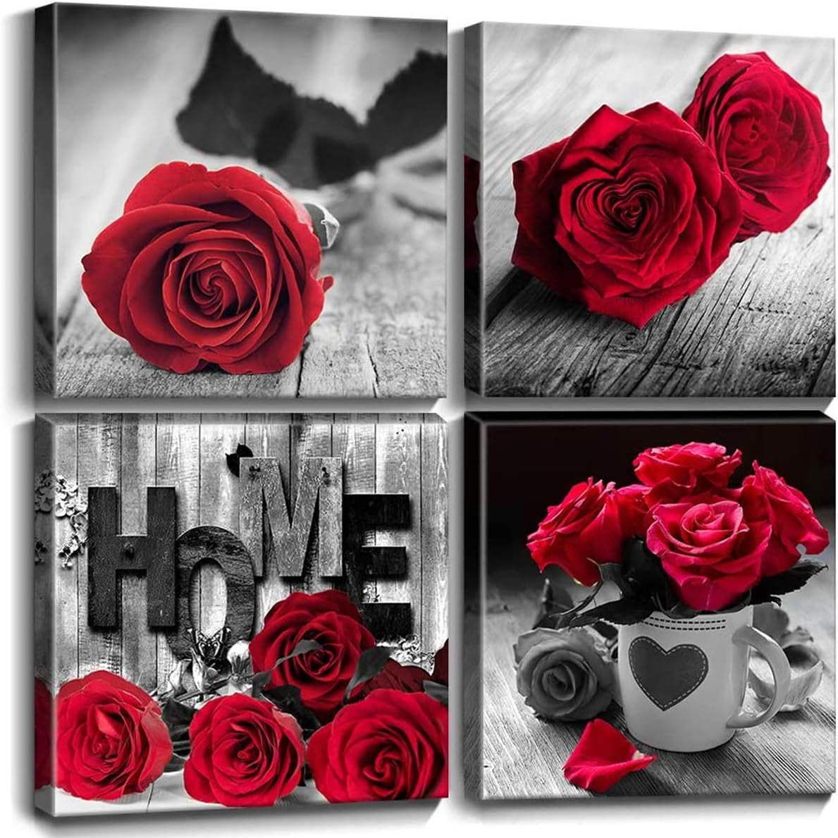Red Rose Wall Art for Couple Bedroom Black and White Wall Decor Flower ...