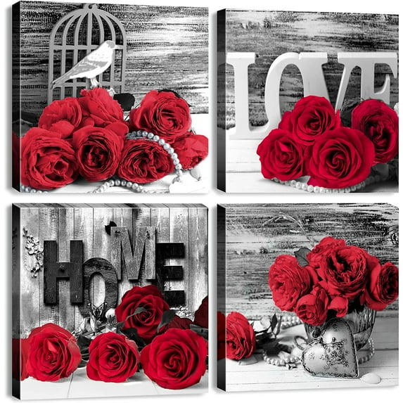 Red Rose Wall Art for Couples Master Bedroom Decor Red and Black Flower Pictures Canvas Print Bathroom Accessories Vintage Romantic Love Floral Poster Living Room Kitchen Home Decorations 12x12" 4 Pcs
