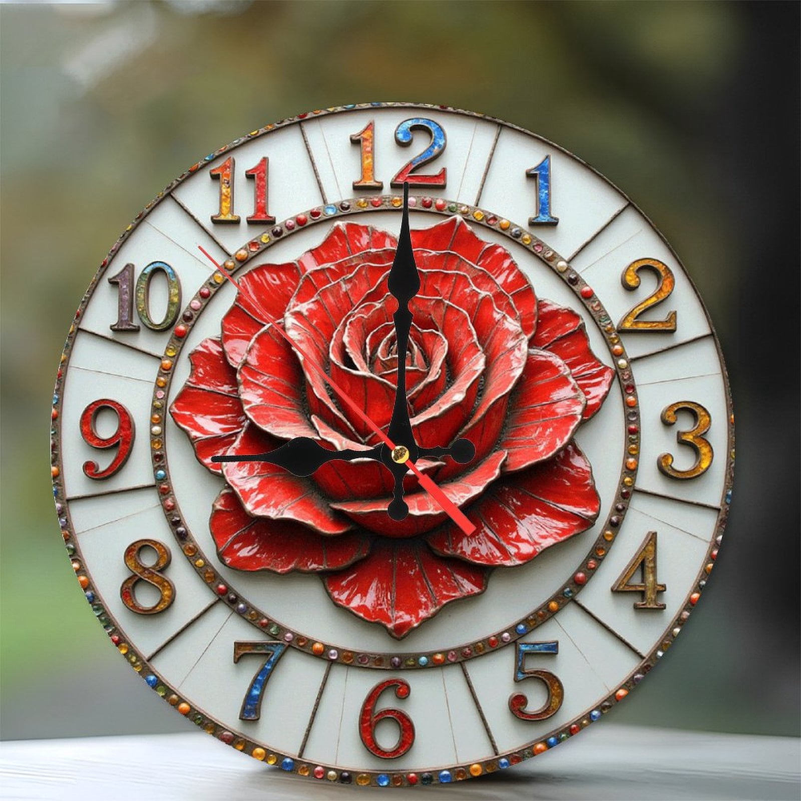 Red Rose Wall Clock with Unique 2D Design 10-Inch Silent Wooden Wall ...