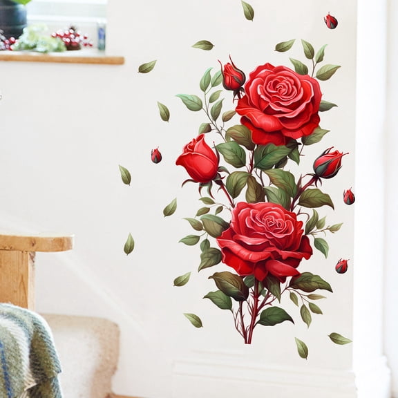 Red Rose Wall Decals Floral Stickers 17.7x27.5 inch Removable Vinyl Peel and Stick Wall Art Decor
