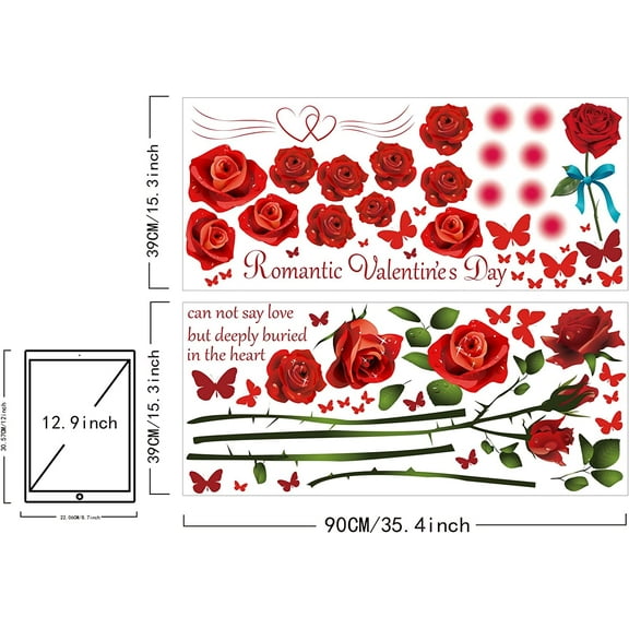 Red Rose Wall Stickers Romantic Valentine's Day Rose Heart Removable Self-Adhesive Wall Art Decals