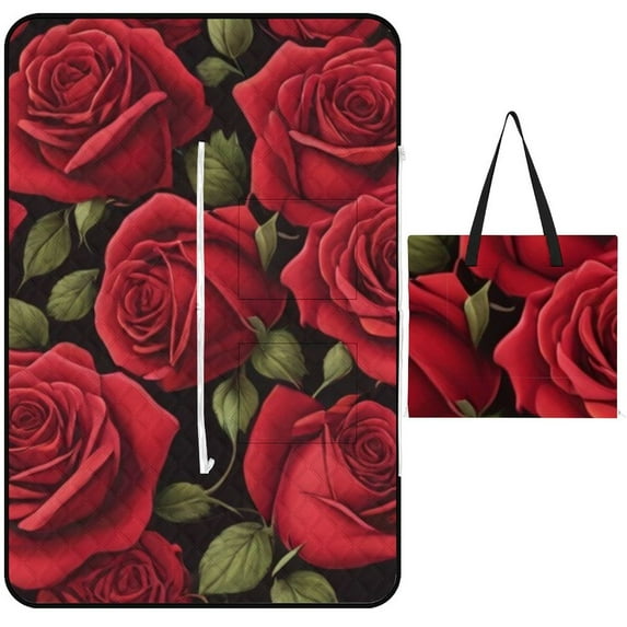 Red Rose Waterproof Picnic Blanket with Foldable Zipper, Suitable for Outdoor Use, Suitable for Travel, Camping, Beaches, Parks, Grasslands, Picnic Blanket Accessories