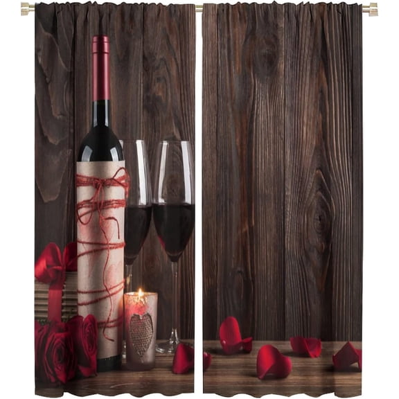 Red Rose and Wine Curtains, Red Wine Glass and Roses in Vintage Rustic Farmhouse Wood Curtains, Bedroom Living Room Kitchen Decorative Curtains, 2 Sets of Panels, 42x54 in.