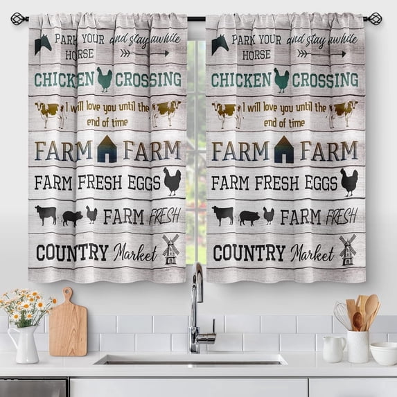 Rustic Farmhouse Kitchen Curtains 2 Panels, Vintage Farm Animal Sign Window Drapes, Country Market Decor for Kitchen, 28"W x 40"L