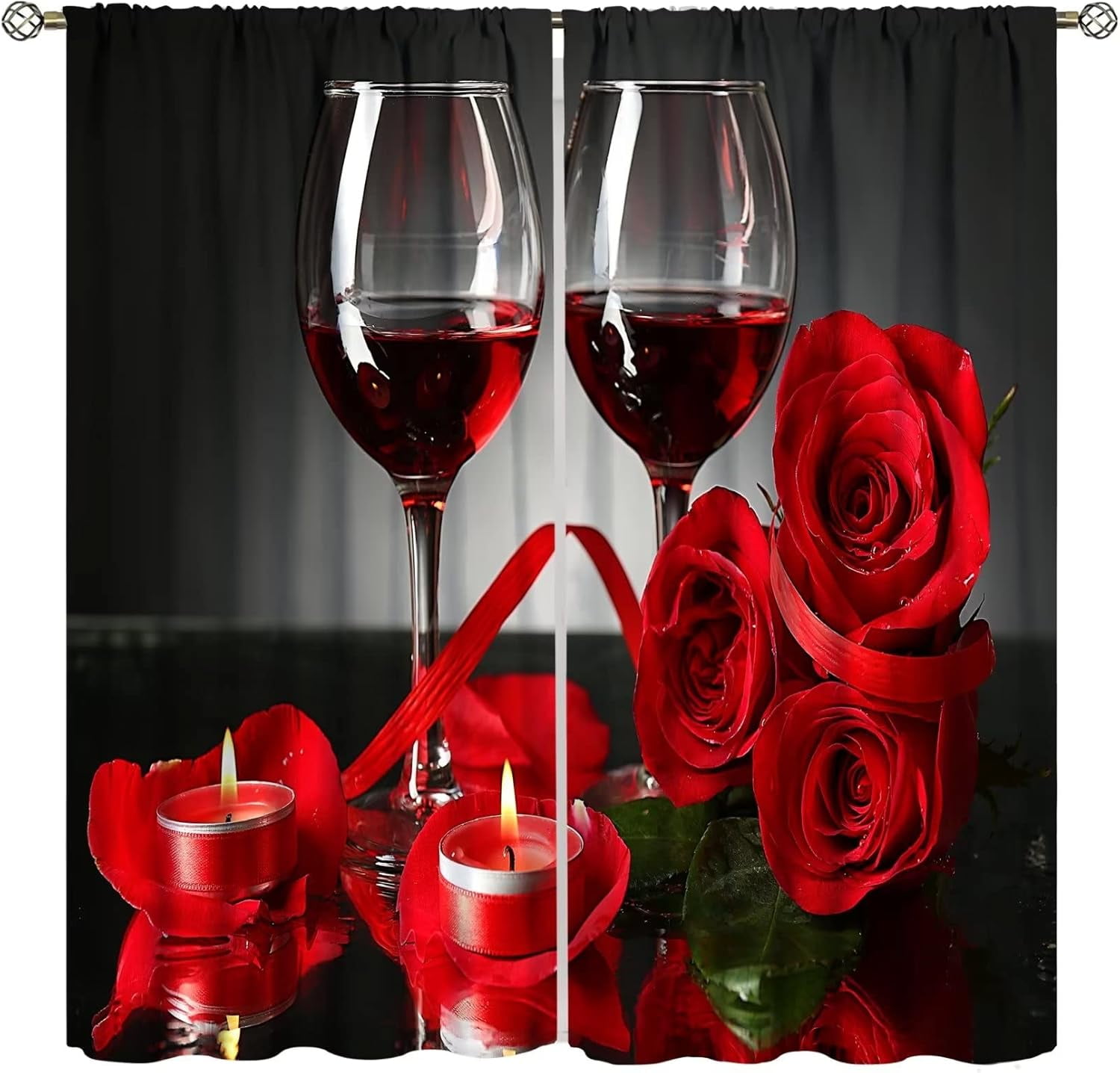 Red Rose and Wine Kitchen Curtains Women Floral Drapes Girls Valentine Decor Cafe Blackout Rod Pocket Red Curtains for Kitchen Bedroom Living Room Romance Love Print Window Drapes 84x84in