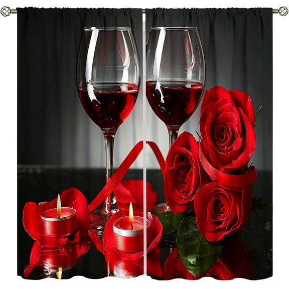 Red Rose and Wine Kitchen Curtains Women Floral Drapes Girls Valentine Decor Cafe Blackout Rod Pocket Red Curtains for Kitchen Bedroom Living Room Romance Love Print Window Drapes 84x84in