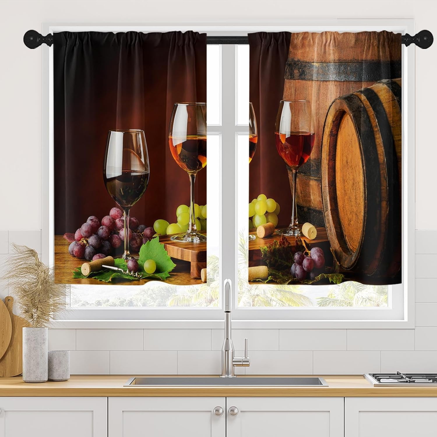 Red Rose Wine Vintage Kitchen Curtains, Grape Cork Brown Short Window Curtains Set of 2, Window Treatment Tier Curtains for Kitchen Over Sink Dining Room Decor (26x36 Inch)