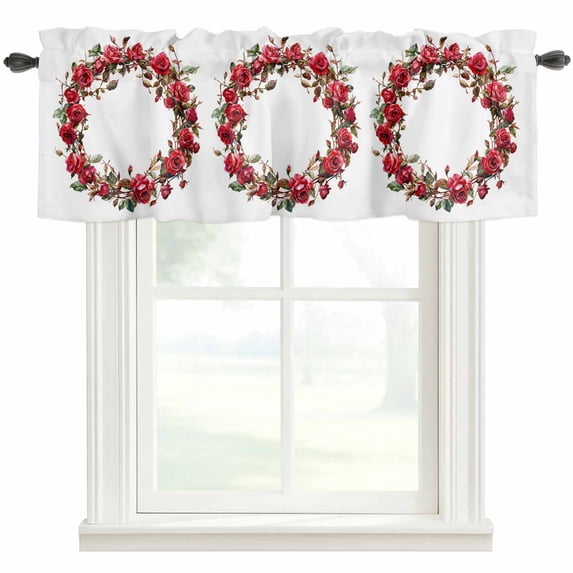 Red Rose Wreath Window Valance Curtain Watercolor Style Rod Pocket Short Curtain for Living Room, Bedroom & Kitchen Window Decor 42x18in
