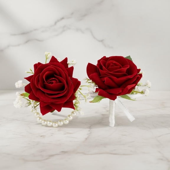 Red Rose Wrist Corsage for Brides Red Christmas Corsage and Prom Boutonniere Set for Wedding Party Prom Rose Corsage Pack of 2