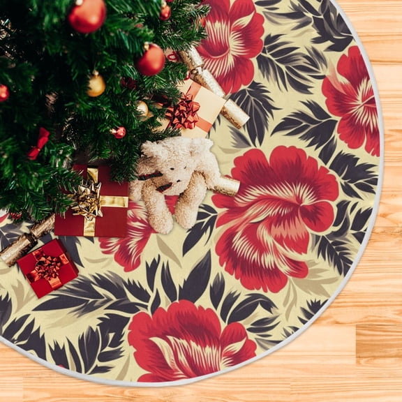Red Rose and Leaf Christmas Tree Skirt Stand Mat Waterproof Floor Protection Mat for Holiday Decoration