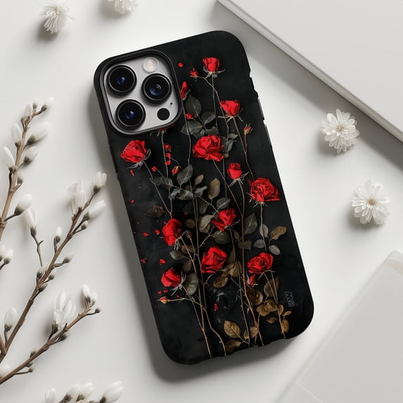 Red Rose and Leafy Stem Black Tough Case for Apple iPhone ...