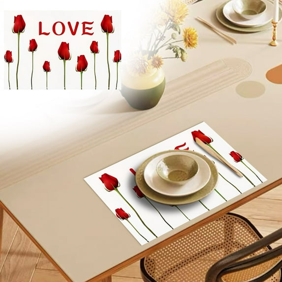 Red Rose valentines placemats 12x18 Inch Love Heart Happy Valentine's Day place mats Seasonal Farmhouse Anniversary Wedding Holiday Table Mats for Dining Table Party Kitchen Decoration