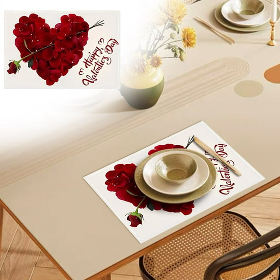 Red Rose valentines placemats 12x18 Inch Love Heart Happy Valentine's Day place mats Seasonal Farmhouse Anniversary Wedding Holiday Table Mats for Dining Table Party Kitchen Decoration