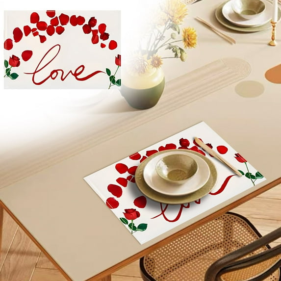 Red Rose valentines placemats 12x18 Inch Love Heart Happy Valentine's Day place mats Seasonal Farmhouse Anniversary Wedding Holiday Table Mats for Dining Table Party Kitchen Decoration