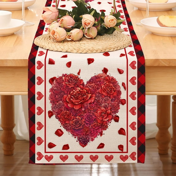 Red Rose valentines table runner Valentines Day red heart Table Runners valentines Decorations Indoor Outdoor Farmhouse Home Kitchen Dining Party Decor Galentines Day Decorations 13x72 Inch