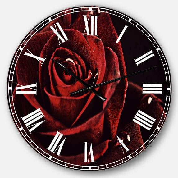 Red Rose with Raindrops on Black' Flowers Oversized Metal Clock