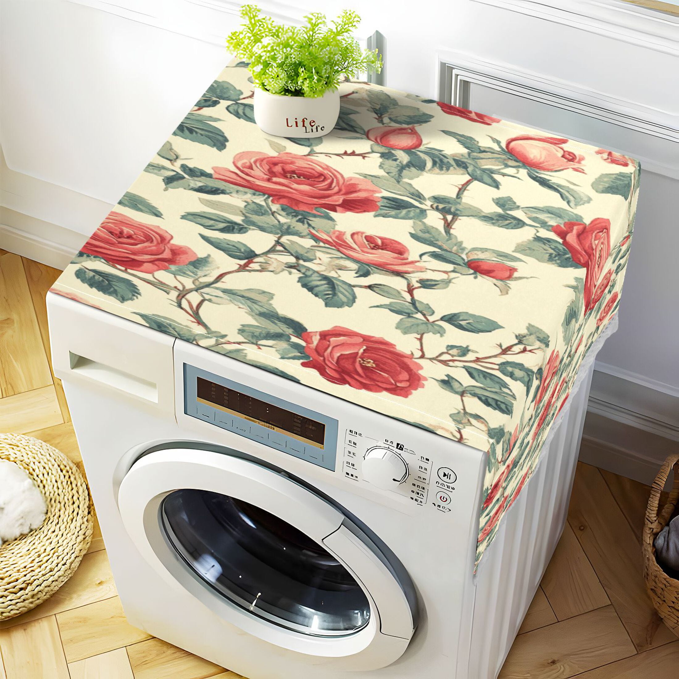 Red RoseWasher and Dryer Covers Dust-Proof and Oil Resistant Fridge Cover with 4 Storage Pockets Washing Machine Top Cover for Laundry Kitchen Home 51.2 x 22 In