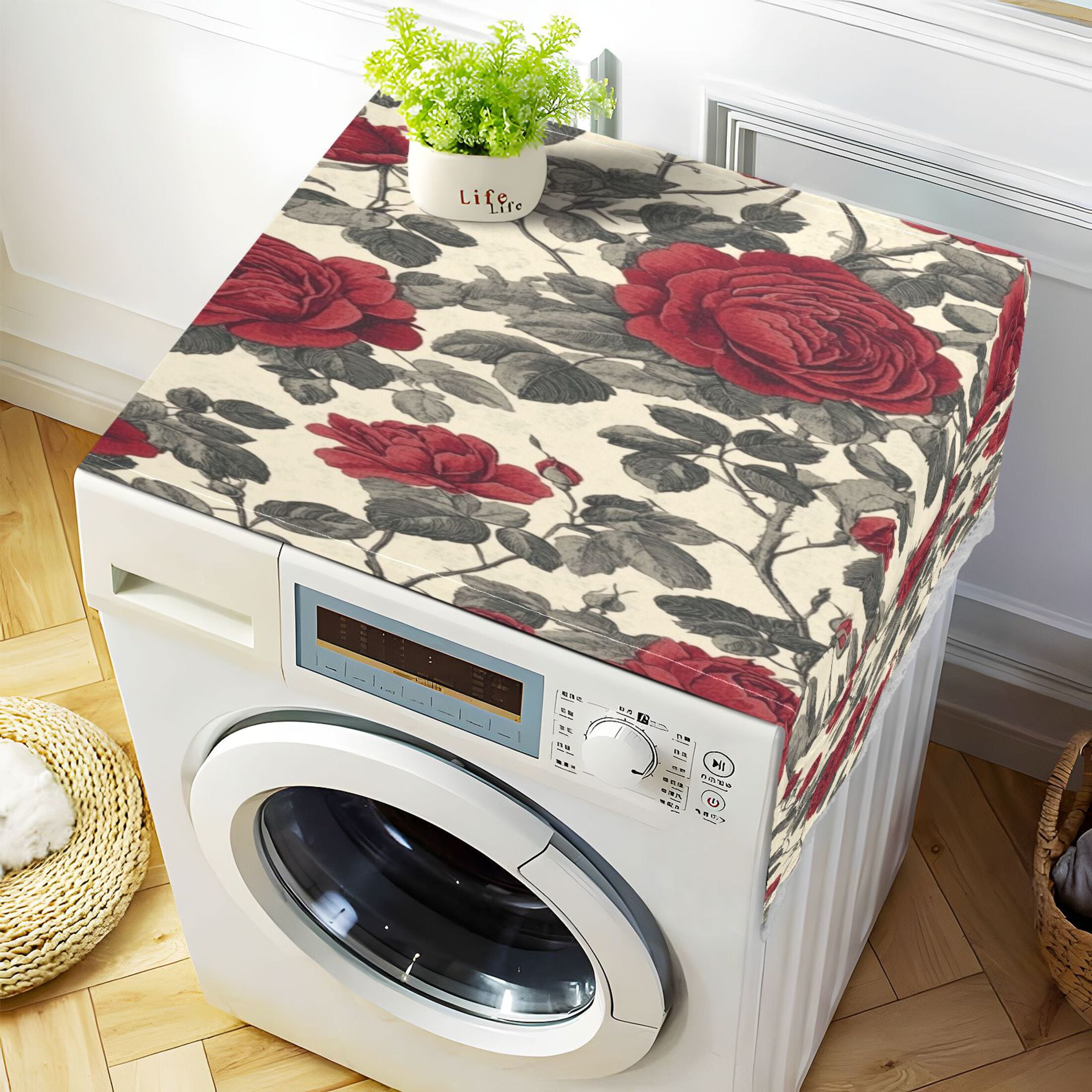 Red RoseWasher and Dryer Covers Dust-Proof and Oil Resistant Fridge Cover with 4 Storage Pockets Washing Machine Top Cover for Laundry Kitchen Home 51.2 x 22 In