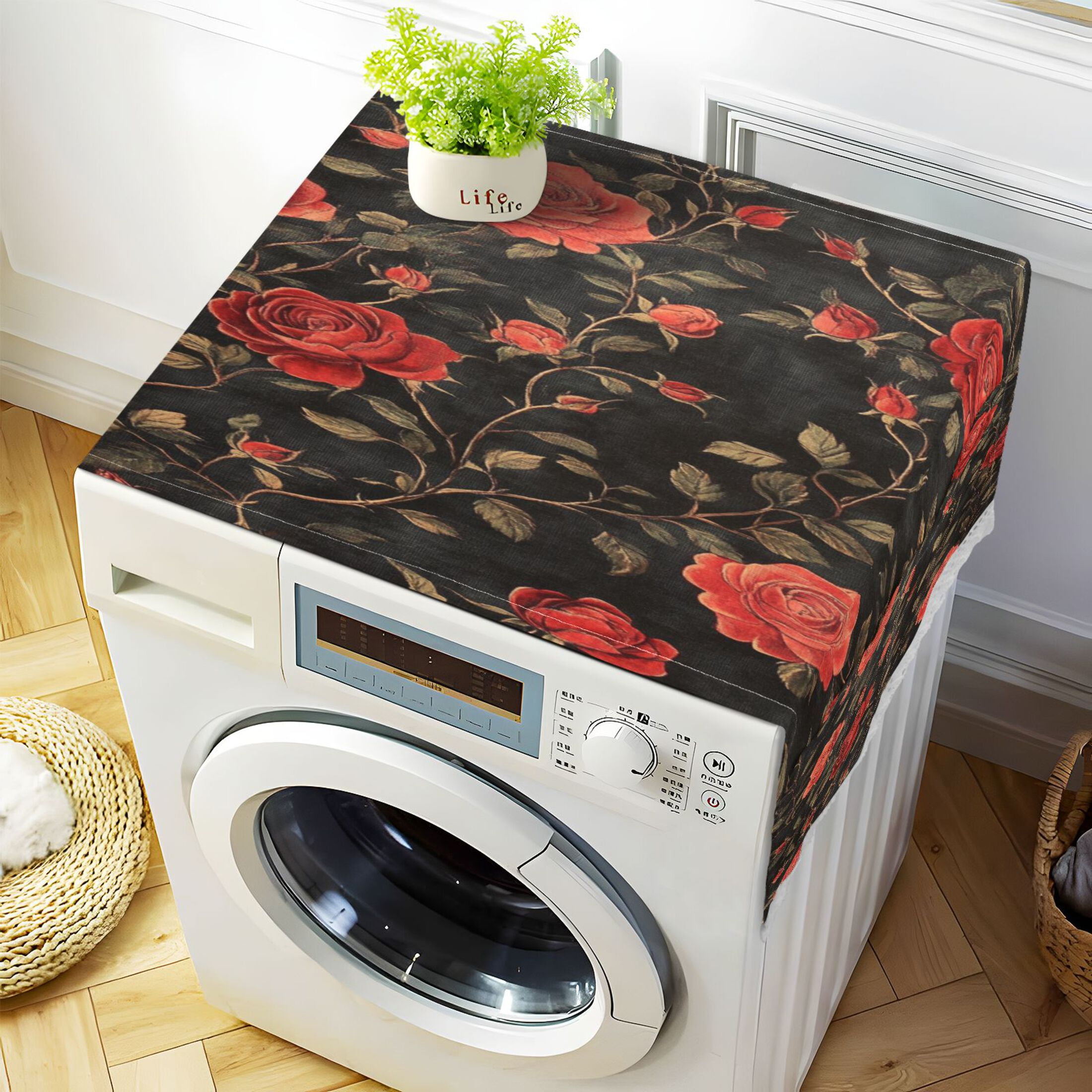 Red RoseWasher and Dryer Covers Dust-Proof and Oil Resistant Fridge Cover with 4 Storage Pockets Washing Machine Top Cover for Laundry Kitchen Home 51.2 x 22 In
