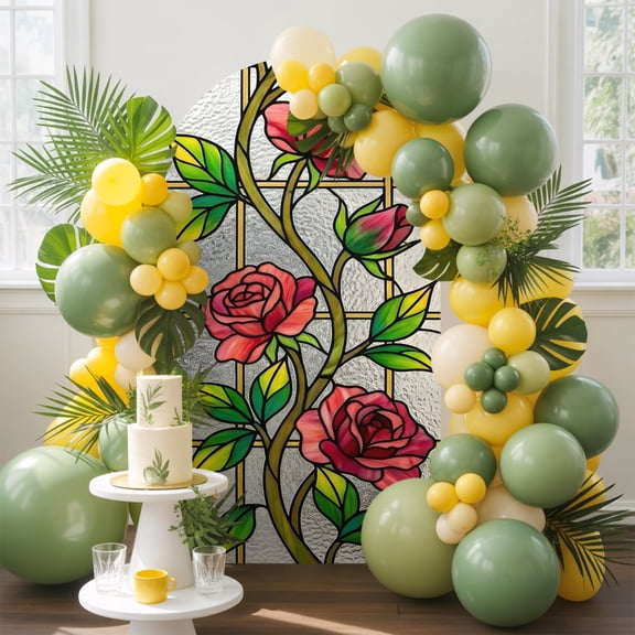 Red Roses Arch Backdrop Cover, 5FT, Vines Lines Stained Glass Elegant Spandex Arch Covers Double-Sided Backdrop for Wedding Birthday Party Photo Background Decoration