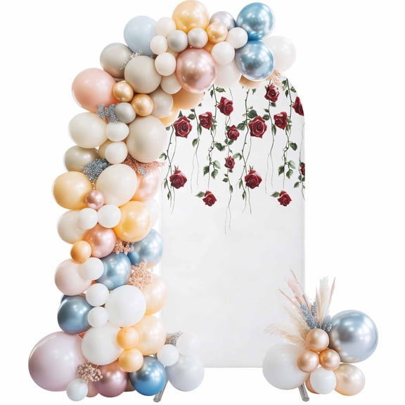 Red Roses Arch Backdrop Cover, Spandex Fitted Wedding Arch Cover, Spring Floral Summer Botanical Weeping Round Top Stand Covers for Birthday Ceremony Bridal Shower Party Decor 5x2.1 Ft