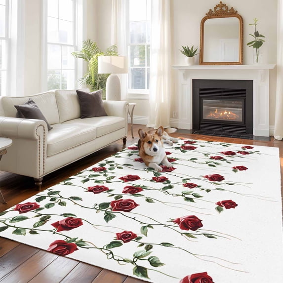 Red Roses Area Rug 5x7 FT, Non Slip Bedroom Throw Carpet, Spring Floral Summer Botanical Weeping Washable Soft Floor Carpet Non-Shedding Rug for Dining Room Bedside Classroom Desk