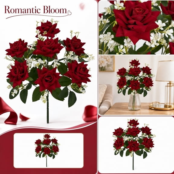 Red Roses Artificial Flowers 16 X 10 Inch Silk Floral Arrangement, Artificial Flowers for Decoration Fake Flower Bouquet for Valentines Day Decor Wedding Table Centerpiece Home