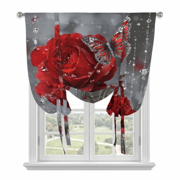 Red Roses Balloon Curtains for Bedroom/Front Door/Bathroom, Valentine's Day Crystal Butterflies Floral Tie Up Curtains 63 Inch Length Light Filtering Kitchen Curtains Shades for Windows 46"x63"