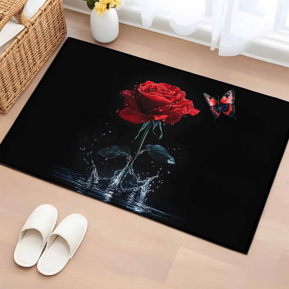 Red Roses Bathroom Rug Washable 2x3 Entryway Rug Non Slip Modern Art Splash Flowers Butterfly Front Door Mat Low Pile Indoor Doormat Throw Floor Carpet for Kitchen Bedroom Entrance