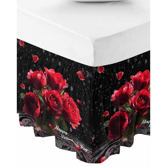 Red Roses Bed Skirt King Size 16 Inch Drop, Wrap Around Bed Skirts, Valentines Day Romantic Petal Floral Black Elastic Bedskirt Pleated Bed Frame Cover Luxurious Dust Ruffle for King Bed
