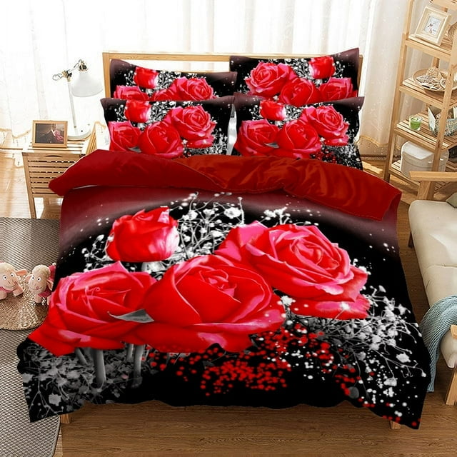 Red Roses Bedding Set Luxury Rose Floral Duvet Cover For Girls Women ...