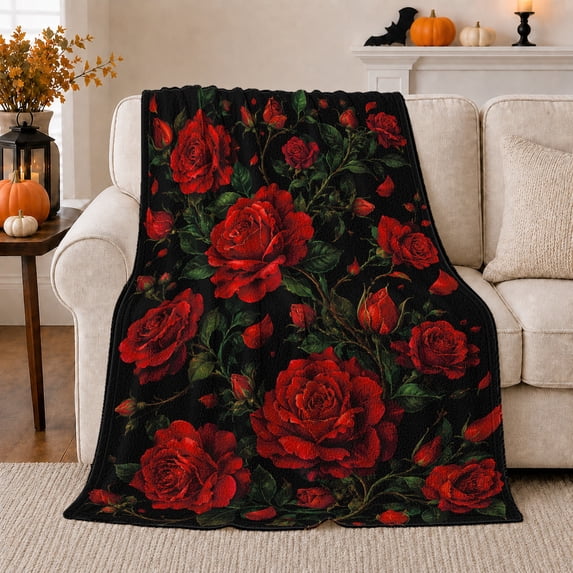 Red Roses Blooming on Black Floral Field, Romantic Botanical Style for Flower Lovers, Velvet Rose Pattern and Anniversary Gift, Soft Flannel Blanket for Bedroom and Reading Nook, Home Decor