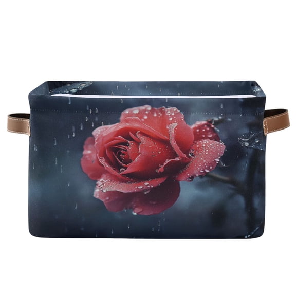Red Roses Blooming in The Rain Foldable Storage Basket,Canvas Fabric Foldable Storage Bins with Handles Open Home Storage Bins Boxes for Toy Book Shelf Closet Baskets