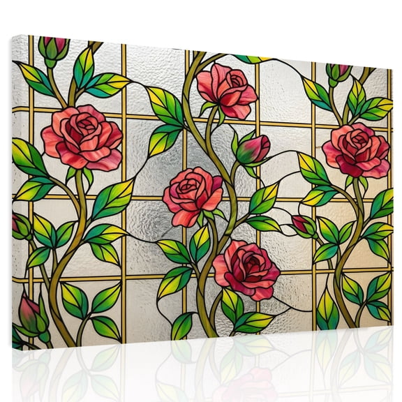 Red Roses Canvas Print Wall Art, Vines Lines Stained Glass Elegant Wall Decor Modern Artwork Paintings Pictures for Living Room Framed and Stretched Ready to Hang 20" x 24"