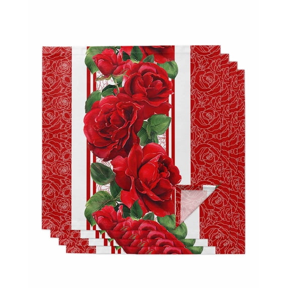 Red Roses Cloth Napkins Set of 4 Reusable Dinner Napkins, Valentine's Day Romantic Flowers Green Leaf Stripes Cocktail Napkin Washable Table Napkins for Wedding/Holiday Party/Baby Shower 20"x20"