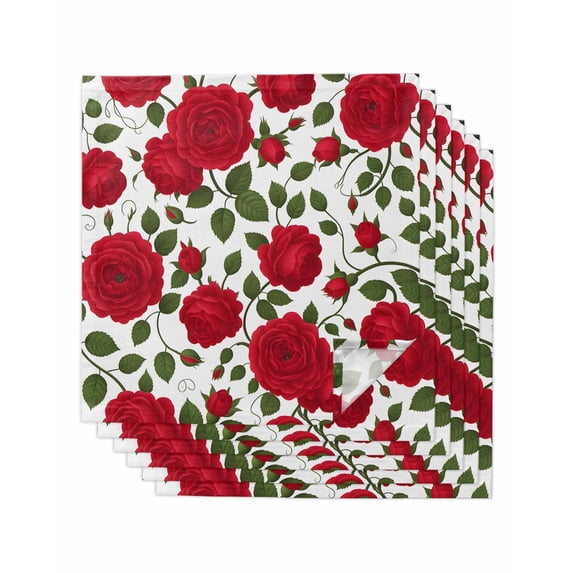 Red Roses Cloth Napkins Set of 6 Reusable Dinner Napkins, Valentine's Day Flowers Leaves Romantic Cocktail Napkin Washable Table Napkins for Wedding/Holiday Party/Baby Shower 20"x20"