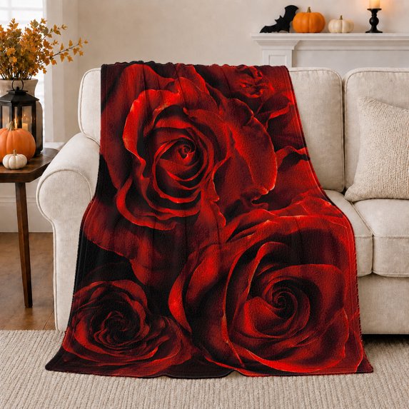 Red Roses Cluster with Black Shadow Petals, Romantic Gothic Floral Motif for Flower Lovers, Valentine's Day Gift, Soft Flannel Blanket for Bedroom and Guest Room, Elegant Home Decor