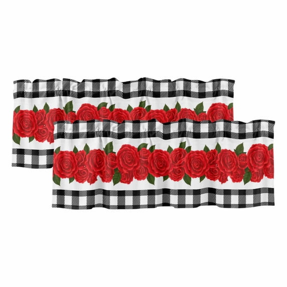 Red Roses Curtain Valances for Windows, Kitchen Valance Window Treatments Panel 2 Pack, Valentine's Day Romantic Floral Black White Plaid Rod Pocket Short Curtains for Bathroom Bedroom 60 x 18 Inch