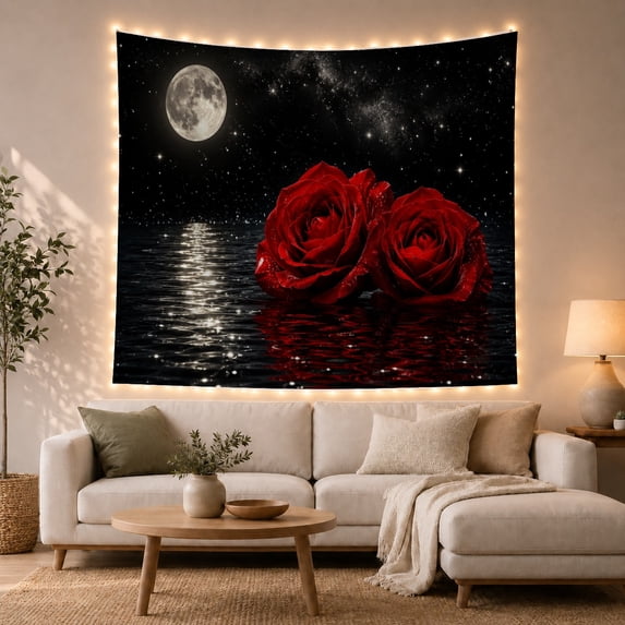 Red Roses on Dark Moonlit Water, Moody Gothic Illustration, Halloween Gift for Flower Lovers, Botanical Wall Art, Tapestry Wall Hanging for Bedroom and Living Room