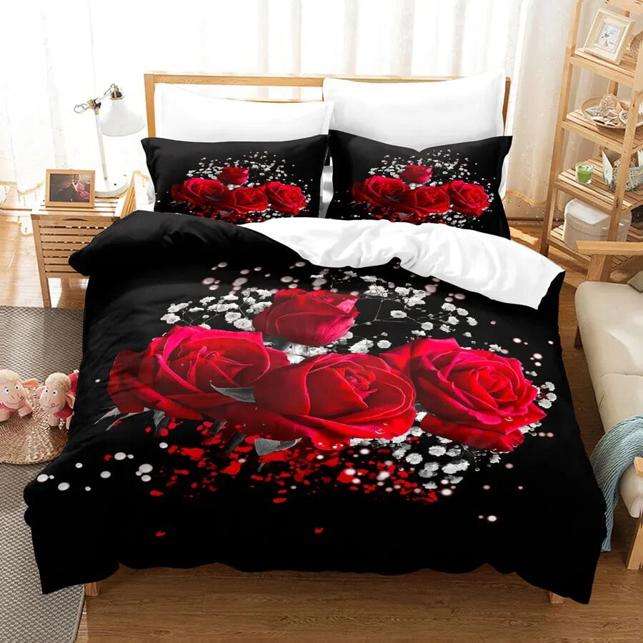 Red Roses Duvet Cover Set King Full 3D Bedding Set Floral with Pillowcase for Single Double Bed