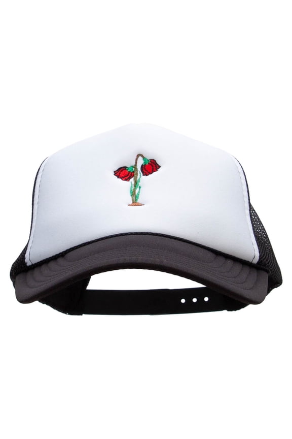 Red Roses Embroidered Foam Panel Mesh Snapback - Black White OSFM
