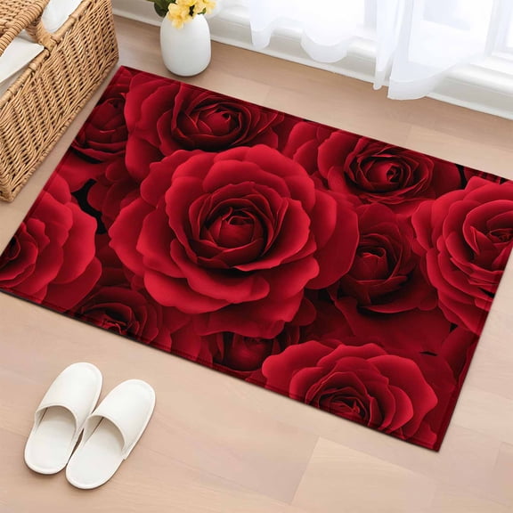Red Roses Entryway Rug 2'x3' Non Slip Front Door Mats, Valentine's Day Flowers Floral Vintage Entrance Rugs Indoor Outdoor Carpet, Washable Floor Mats Small Area Rug for Bedroom Kitchen